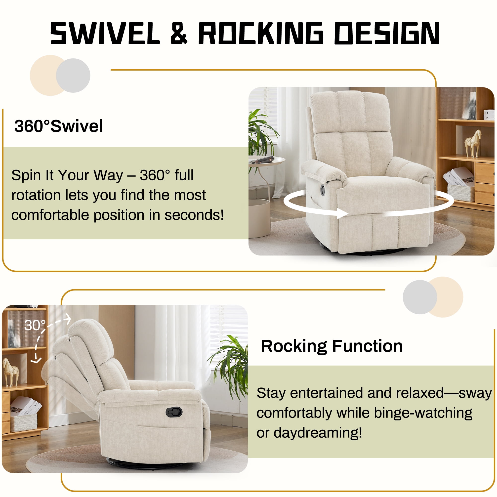 Korser 360°Swivel Recliner Chair for Adults with Side Pockets,Small Rocking Recliner for Small Spaces for Living Room,Nursery,Beige