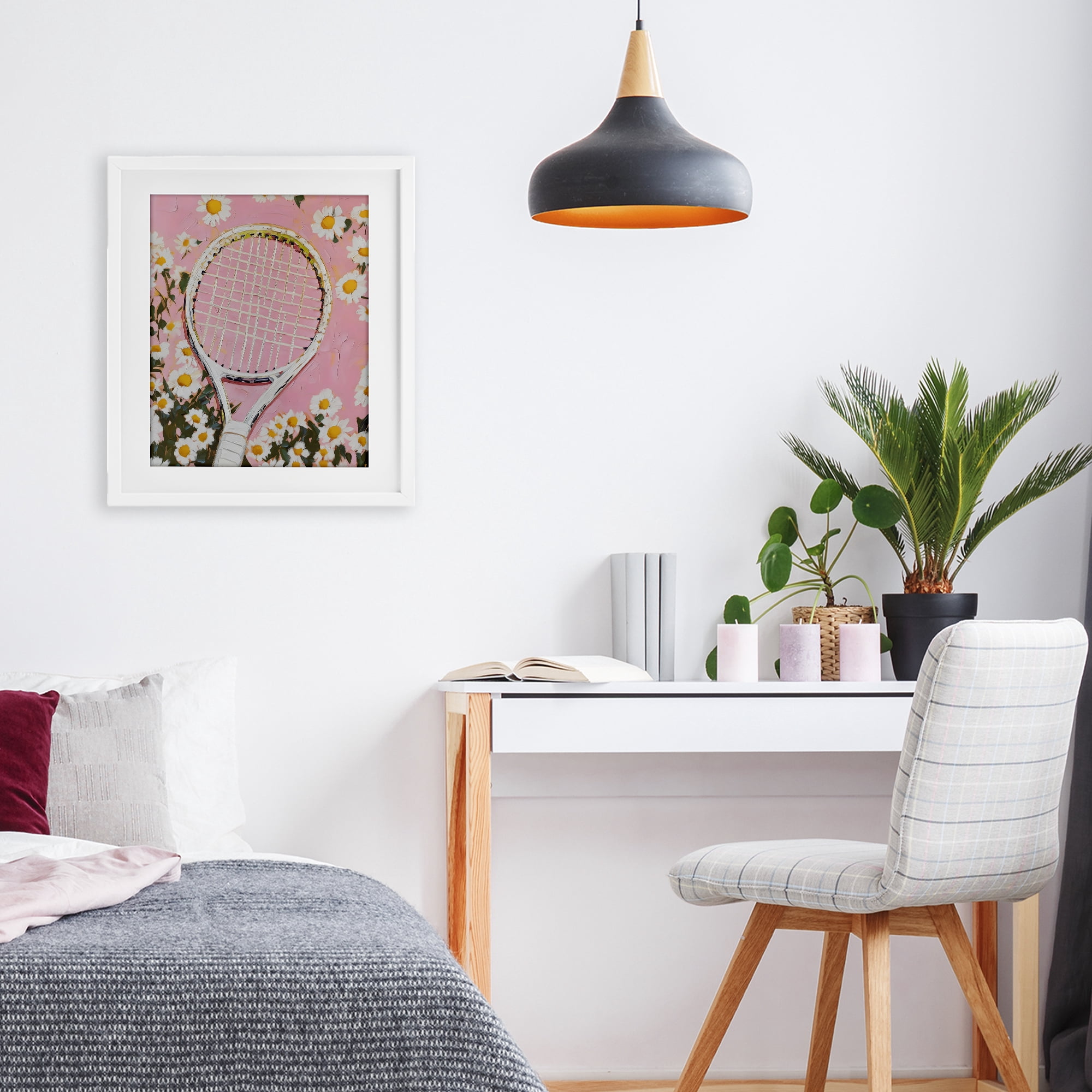 Stupell Industries Pink Tennis Racket & Daisies White Framed Print Under Glass, design by LSR Design Studio