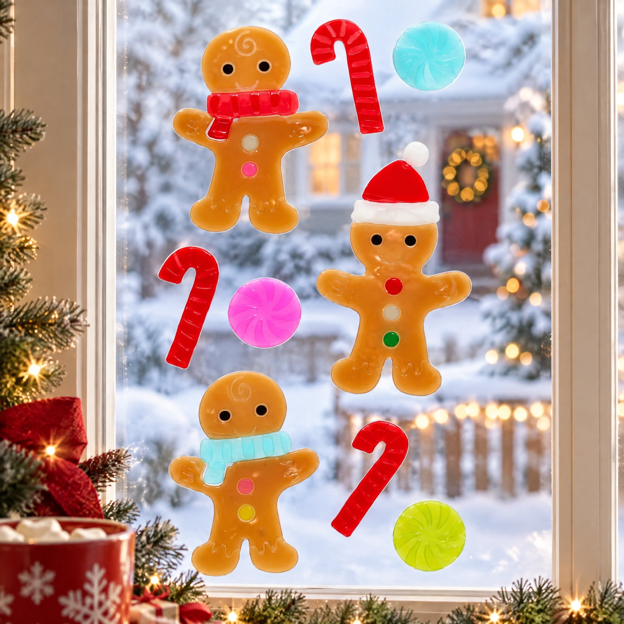 Gingerbread and Candy Cane Christmas Window Gel Clings, Multicolor, 5.5" x 12", by Holiday Time