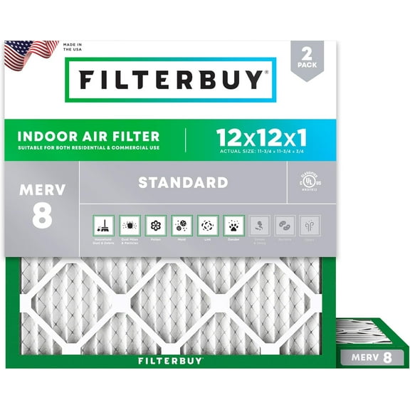 Filterbuy 12x12x1 MERV 8 Dust Defense, Pleated HVAC AC Furnace Air Filters (2-Pack)