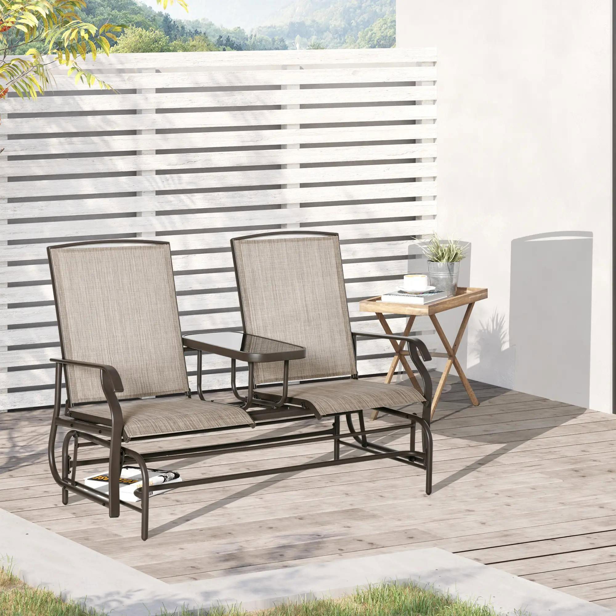 Resenkos Outdoor Glider Bench with Mesh Fabric, Metal Frame Loveseat with Armrests, Brown, Patio Furniture for Garden Porch,Sand