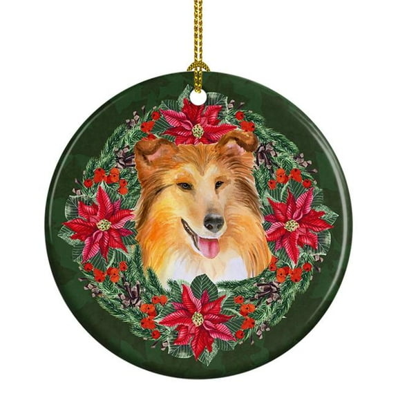 Sheltie Poinsetta Wreath Ceramic Ornament 2.8 in x 2.8 in