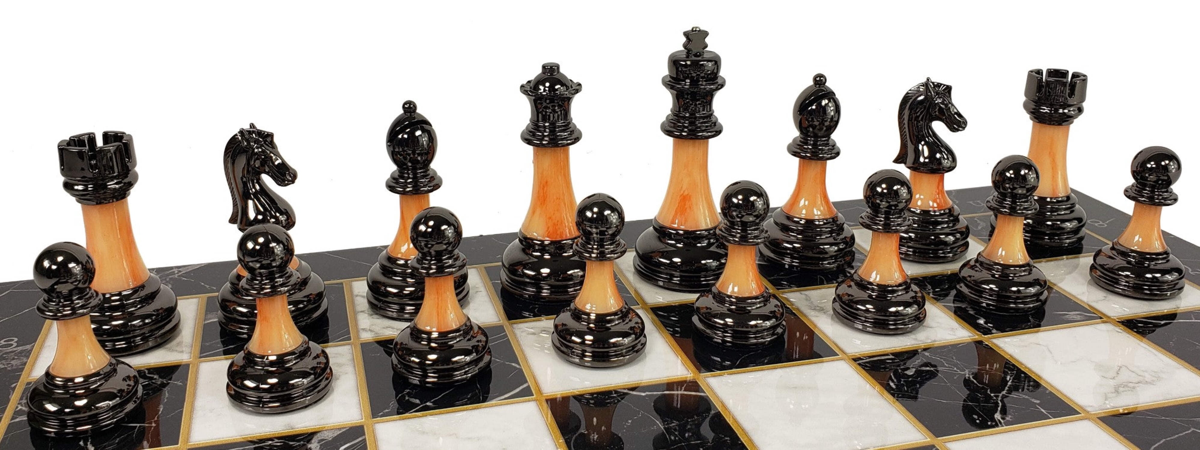 Staunton Chrome  Black Pro Plastic Chess Men Set W 17" Black Faux Marble Board