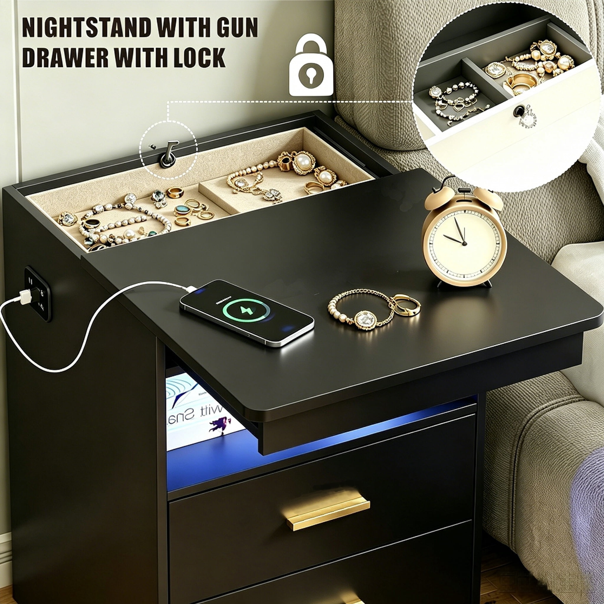 VKCC Rustic Wooden Nightstand with Charging Station, 2 Drawers Bedside Table with LED Lights, Small Cabinet for Bedroom Living Room, Black