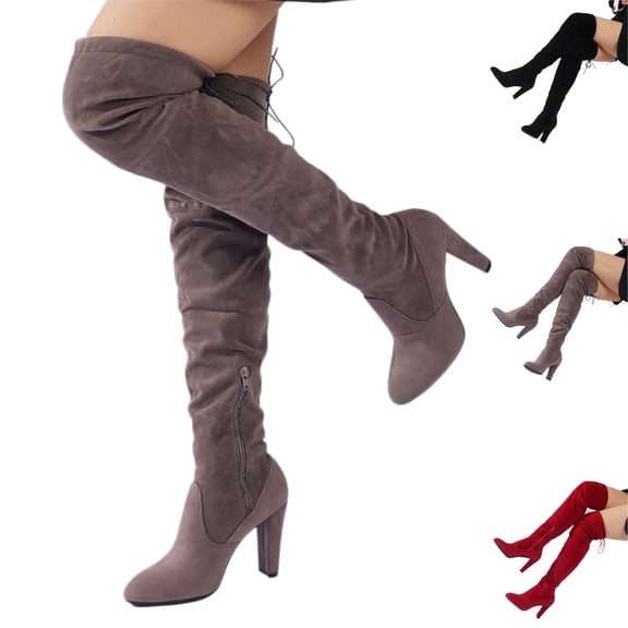 YOUYEDIAN Knee High Boots Women Fall Winter Faux Suede Wide Calf Wedge Thigh High Boots Stretch Trendy Tall Above the Knee Chunky Heels (Gray)