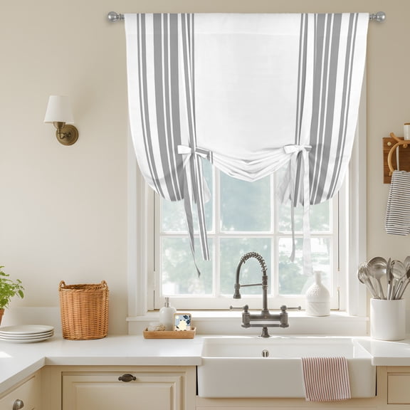 Tie Up Curtains for Windows,Grey Lines on White Adjustable Balloon Shade Curtains Rod Pocket Valance Minimalist Striped Short Window Valances for Kitchen Bathroom,34"Wx45"L