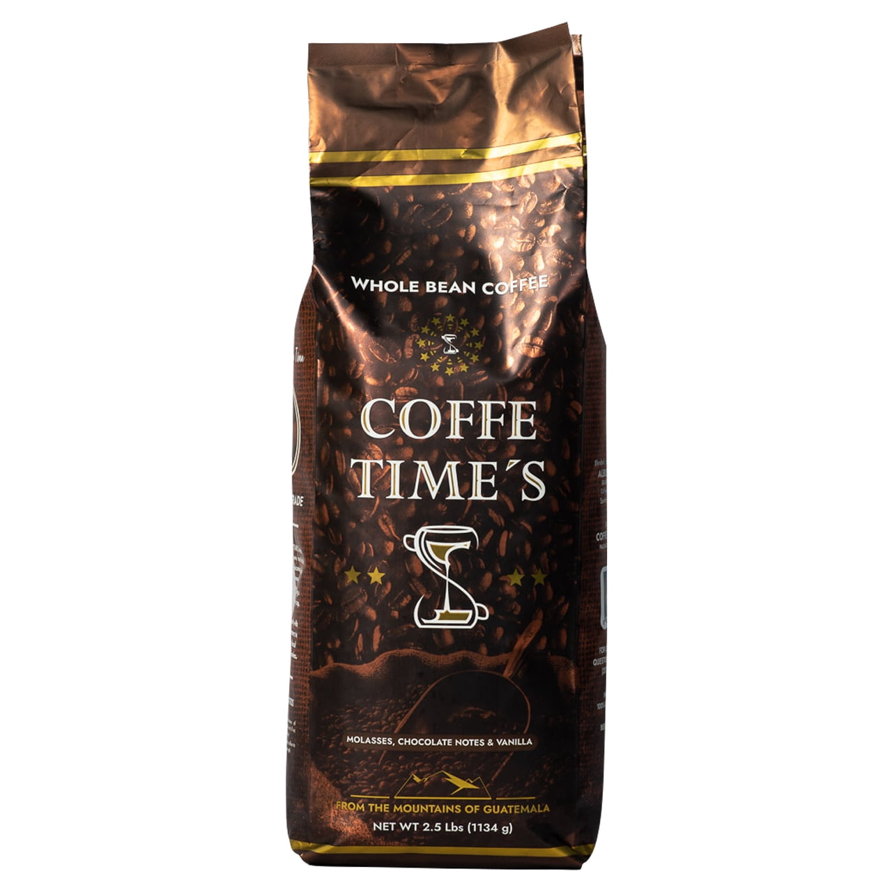 Coffe Times, Whole Bean Coffee Packets, Dark Roast - Strong Body, Coffee with Flavor notes of Molasses, Chocolate and Vanilla, (2.5 lb bags, Pack of 8 units)