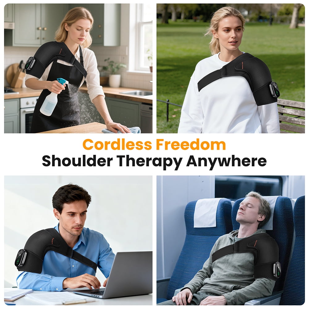 FlareMore Cordless Shoulder Heating Pad with Vibration, Heated Shoulder Wrap Brace, 3 Heat Levels, Rechargeable Shoulder Massager for Men Women