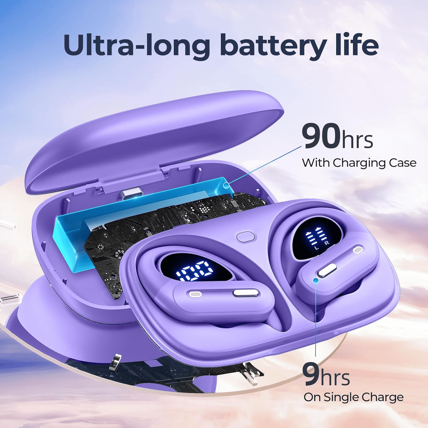 Active Noise Cancelling Wireless Earbuds Bluetooth Headphones 90 Hrs Playtime Ear Buds with Power Display Over-Ear Earphones with Earhooks IPX7 Waterproof Stereo Transparency Headset for Sports/Gym