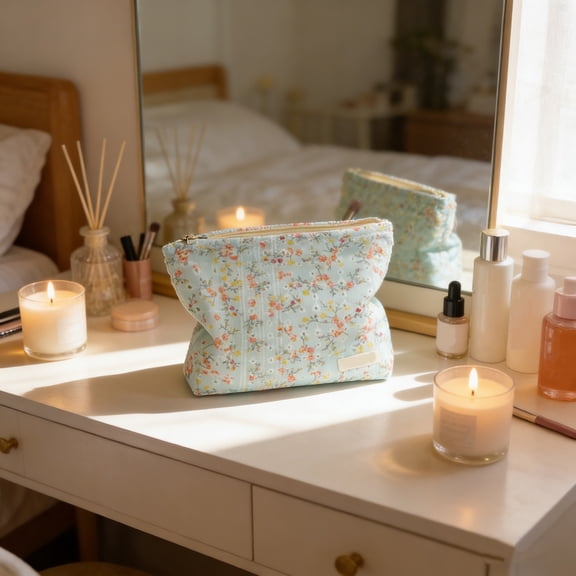 FEOLGEHLY Floral Print Travel Makeup Bag, Aesthetic Portable Cosmetic Bag with Zipper, Small Makeup Pouch, Cute Travel Toiletry Bag Skincare Bag Car Storage Bag for Women and Girls, Green