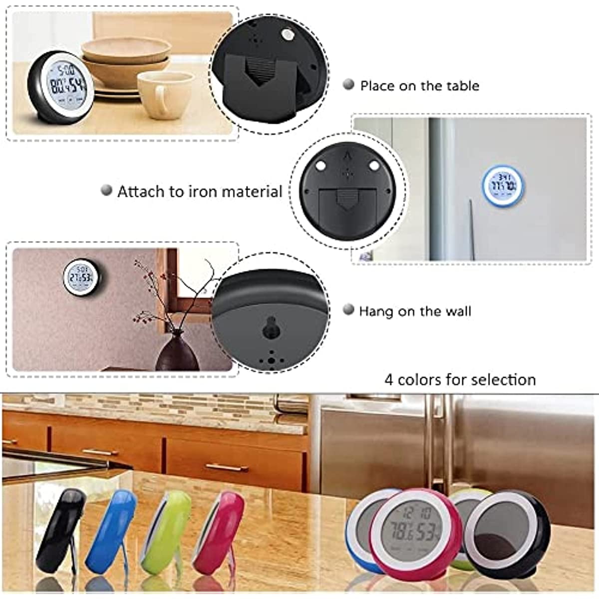 LINLIN Digital Hygrometer Thermometer Clock,Touch Screen Temperature Humidity Monitor Alarm Clock with Backlight Magnetic Battery Operated for Home Fridge Office Baby Room