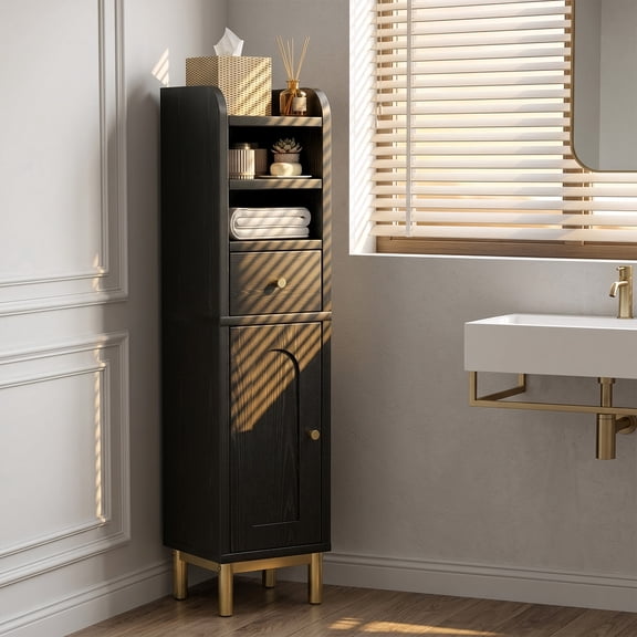 Bathroom Storage Cabinet Modern Corner Floor Cabinet Small Storage Organizer Stand with Drawer and Door Adjustable Shelf Black
