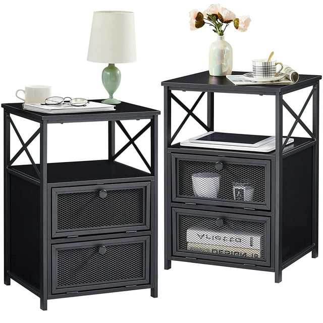 VECELO Set of 2 Nightstand Bedside End Table, Two Drawers with Flap