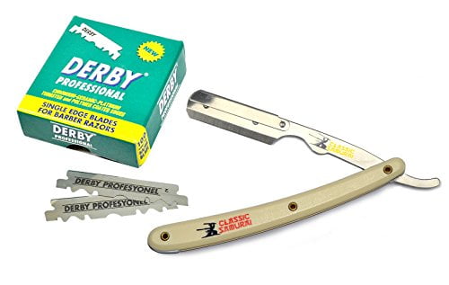 Classic Samurai Stainless Steel Professional Barber Straight Razor with 100 Derby Blades (Cream)