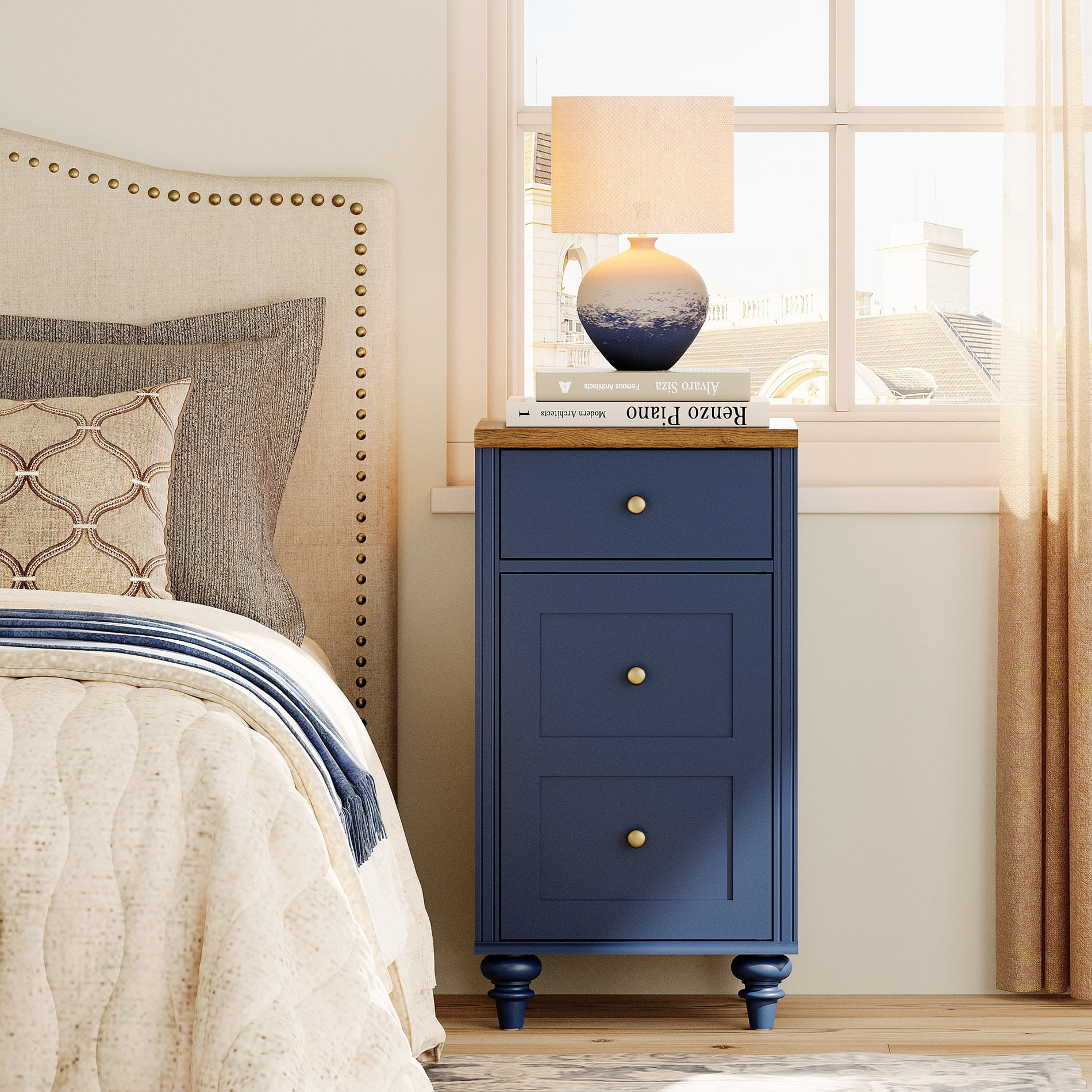 End Table with Charging Station, Nightstand with Power Outlets & USB Ports, Navy Blue, 2 PCS