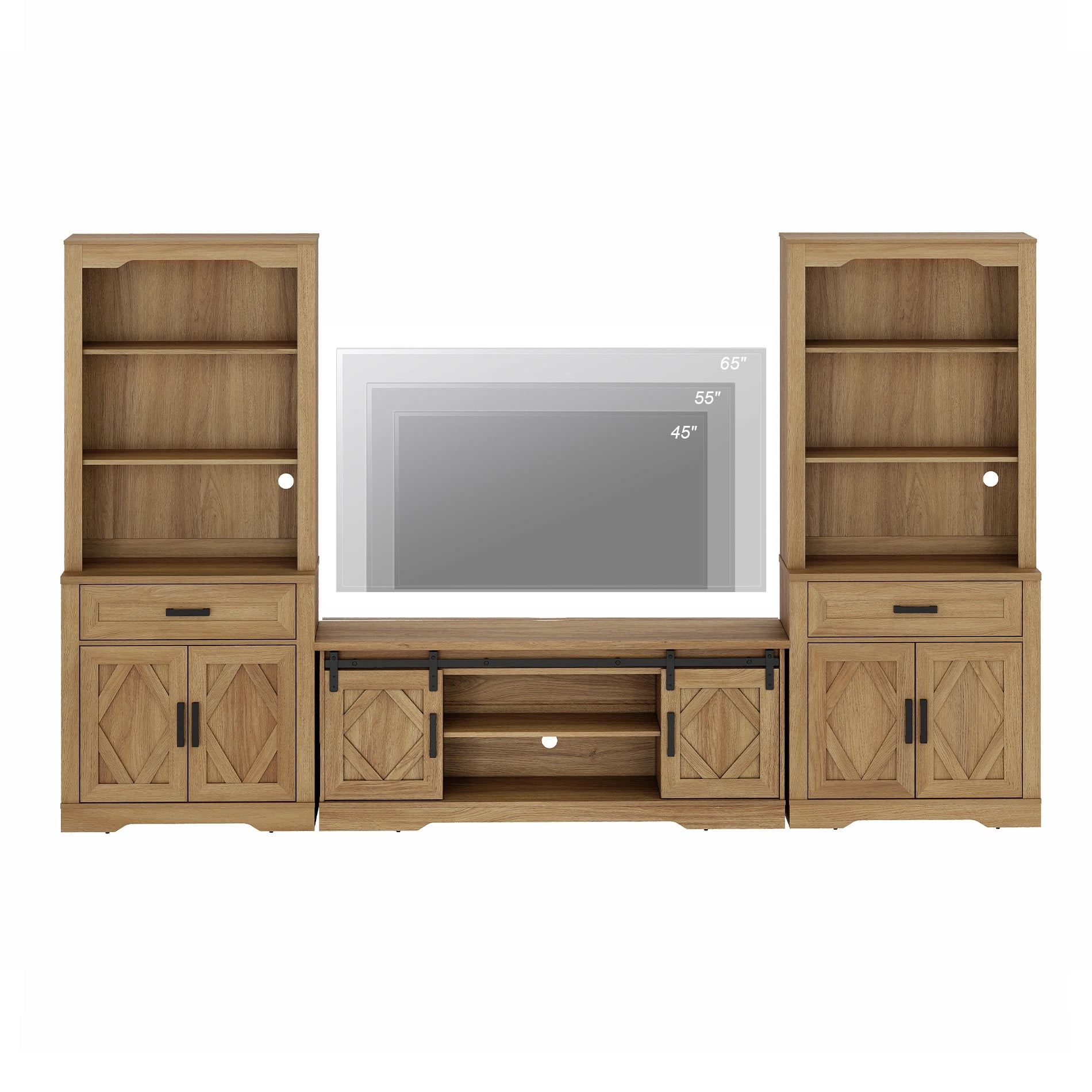 WAMPAT Farmhouse Entertainment Center with Bookshelf for TVs up to 65",Mid Century Modern TV Stand with 73"H Tall 5-Tier Bookcase with Open Storage and Barn Doors for Living Room,Vintage Oak
