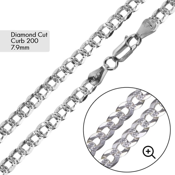 Sterling Silver 925 Curb 200 Diamond-Cut Pave Chain 7.9mm Made in Italy 30" Jewelry Female Unisex