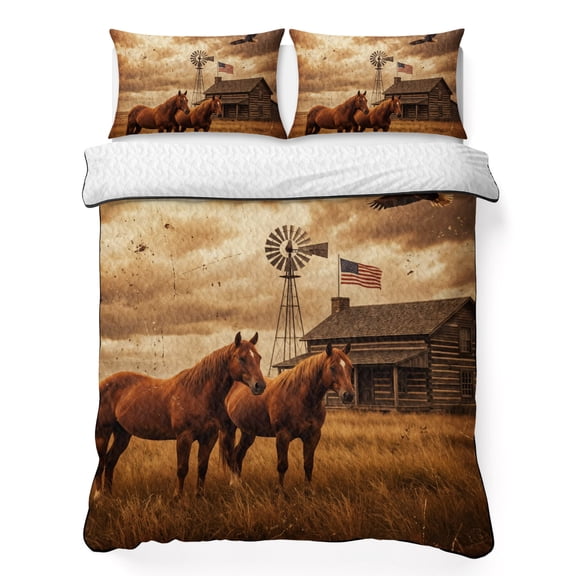 Quilts King Size Bedding Set, Country Farm Lightweight Quilted Comforter, Vintage Horse Cabin American Flag Eagle Soft Reversible Bedspread Coverlet with Pillow Covers for All Season, 96" x 106"