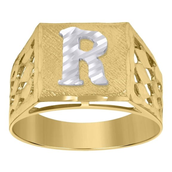 10kt 10k Two-Tone Gold Mens Diamond-Cut Textured Initial Letter R Band Ring