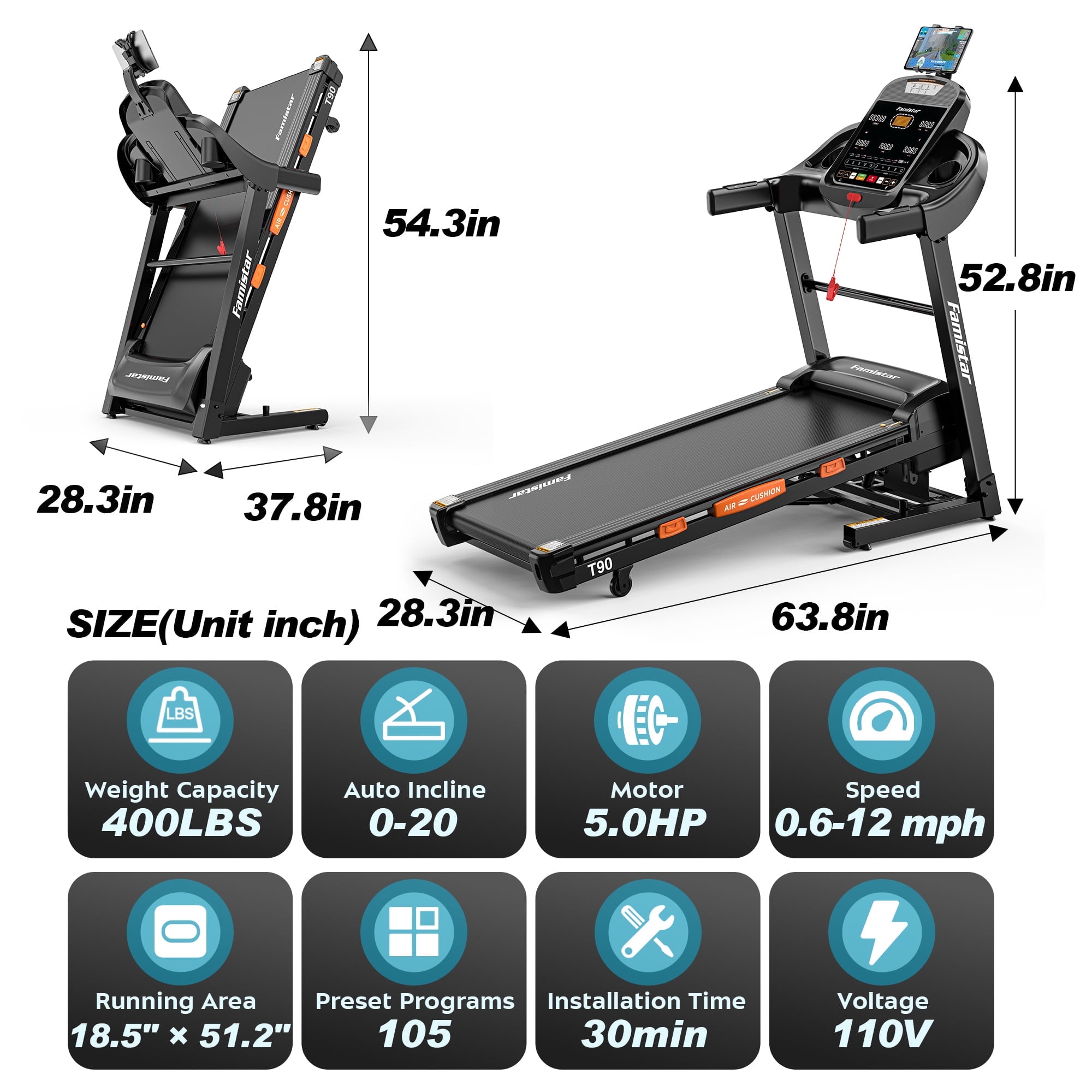 Smart Folding Treadmill with 20-Level Auto Incline, 0.6–12 MPH Speed, Quiet Performance Motor, Step Tracking, LED Display for Home Use