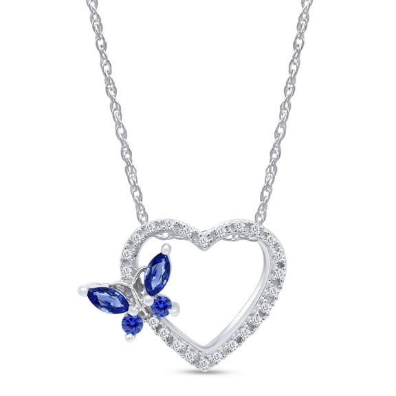 14k White Gold Over Sterling Silver Simulated Blue Sapphire And Sparkling White Cubic Zirconia Butterfly Open Heart Pendant Necklace With 18" Chain