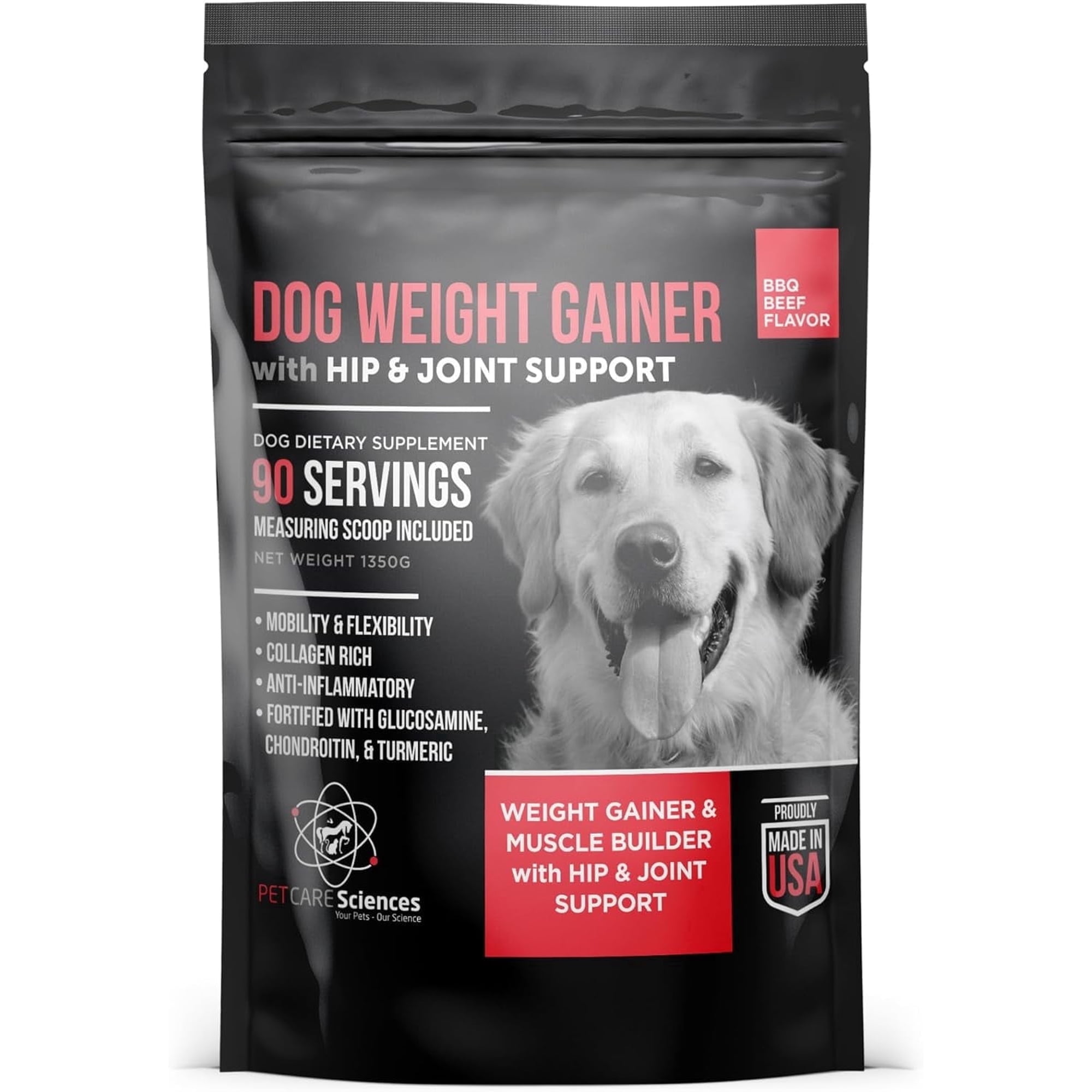 PET CARE Sciences Dog Weight Gainer with Hip and Joint Support - Weight Gain Supplements for Dogs - Canine and Dog Muscle Builder - 90 Servings of Delicious BBQ Beef Flavor Powder - Made in The USA