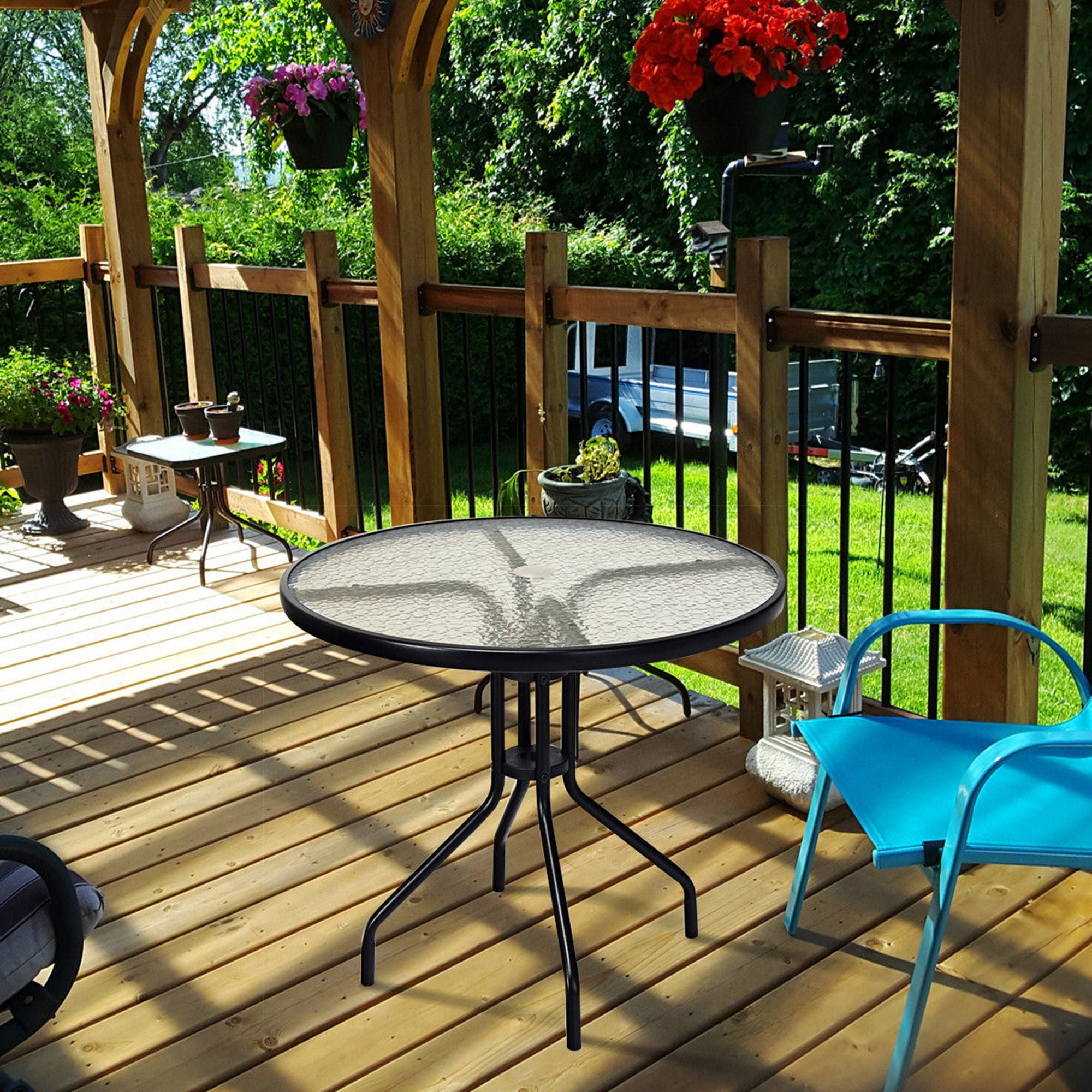 32 Inch Outdoor Patio Round Tempered Glass Top Table with Umbrella Hole costway