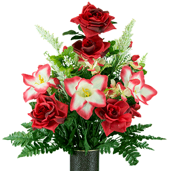 Red Open Roses with Amaryllis Artificial Bouquet, featuring the Stay-In-The-Vase Design(c) Flower Holder (MD1454)
