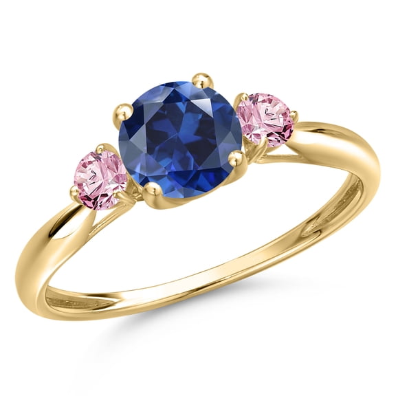 Gem Stone King 10K Yellow Gold Blue Created Sapphire and Pink Lab Grown Diamond 3-Stone Ring for Women | 1.26 Cttw | Round 6MM | Gemstone September Birthstone | Size 8