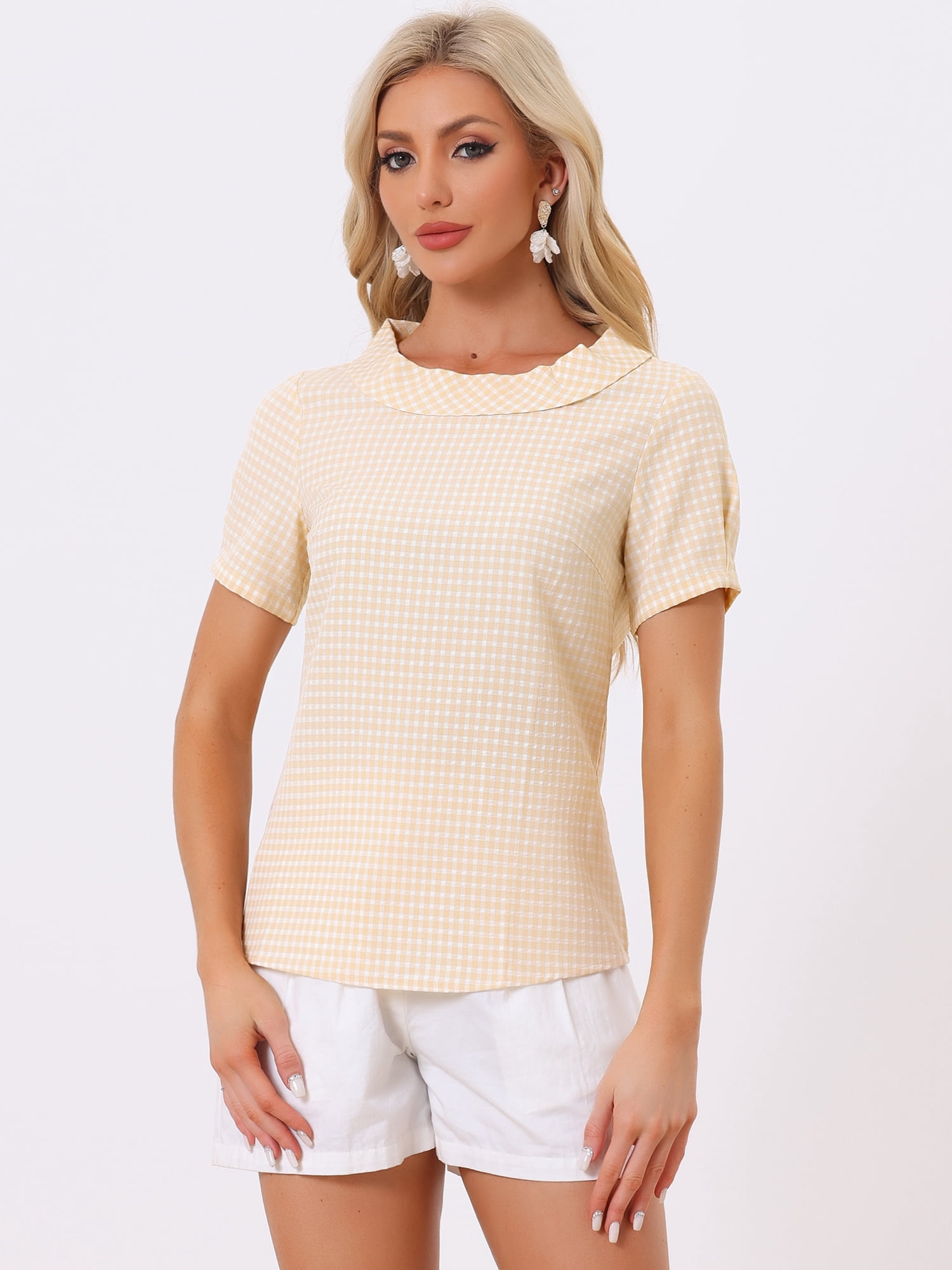 DARING DIVA Short Sleeve Casual Checked Top S Light Yellow