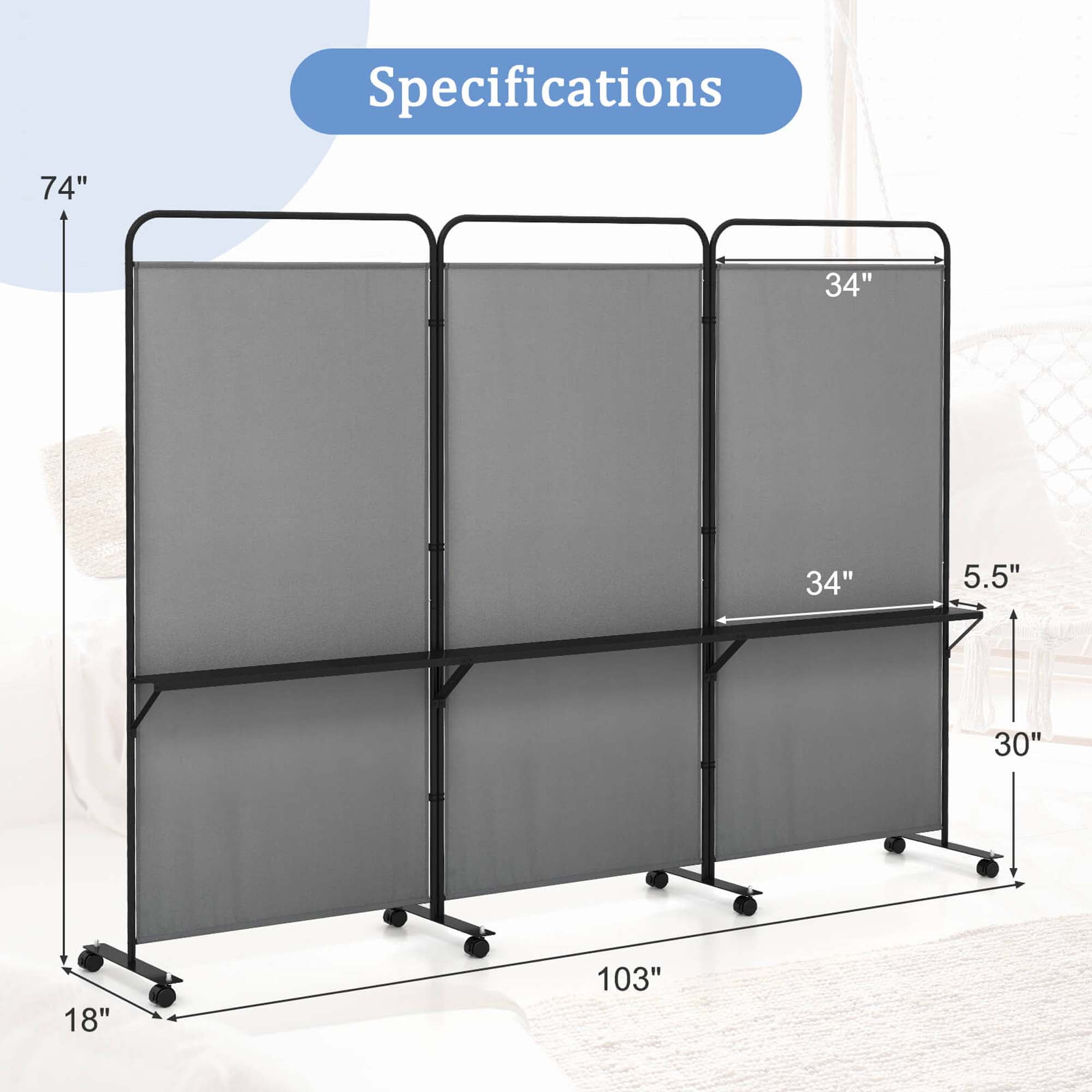 Costway 3-Panel Room Divider with Storage Shelves 6FT Tall Folding Privacy Screen on Wheels Gray