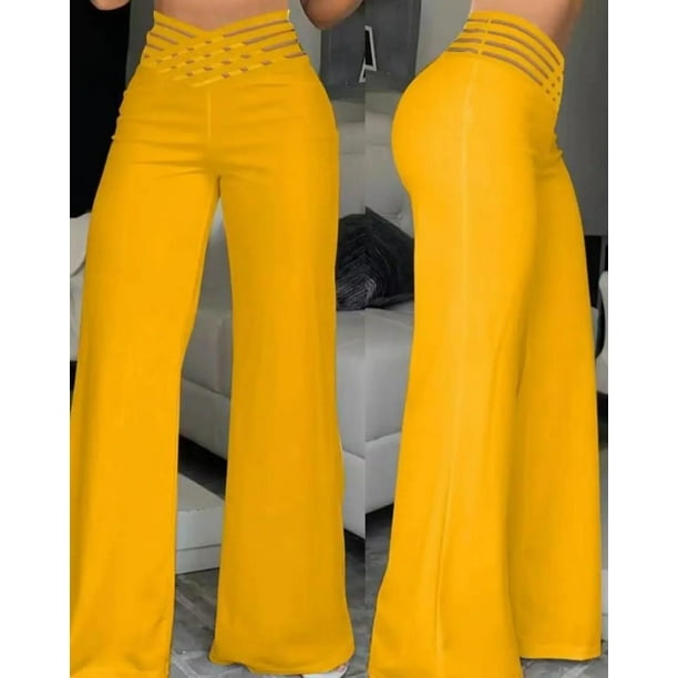 Women Wide Leg Flared Pants Autumn Casual Crisscross Sheer Mesh Patch High Waist Trousers Y2k Streetwear Elegant Work Pant