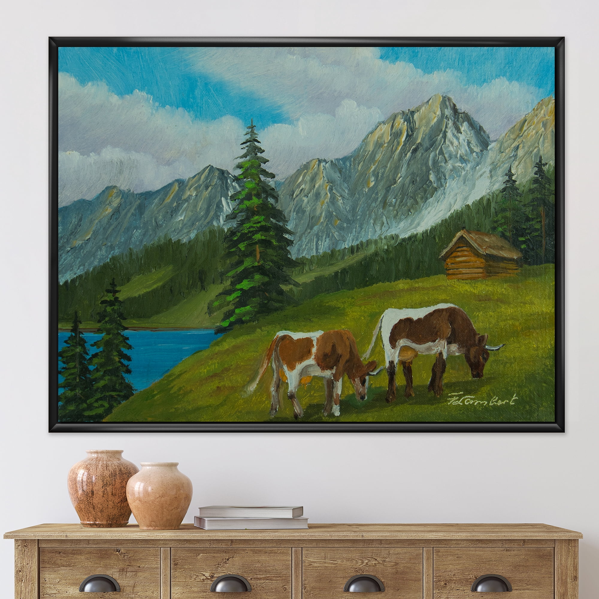 Designart 'Cows On A Green Meadow With Mountain Landscape With ' Farmhouse Framed Canvas Wall Art Print