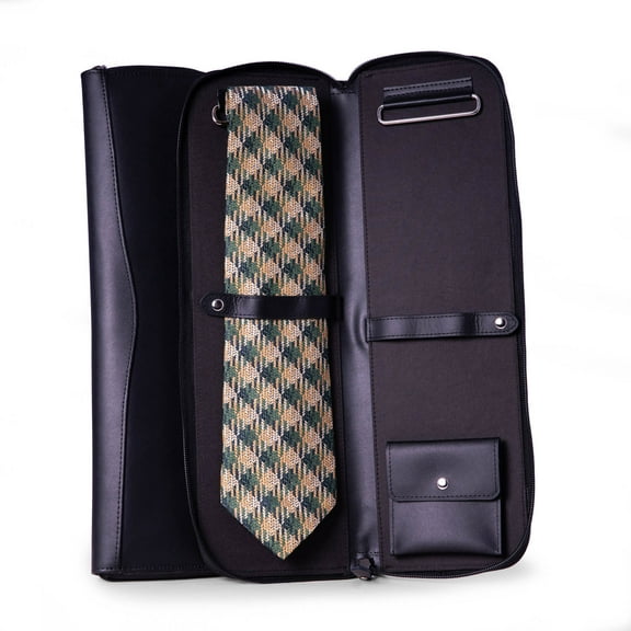 Black leather travel tie case with removable storage compartment.