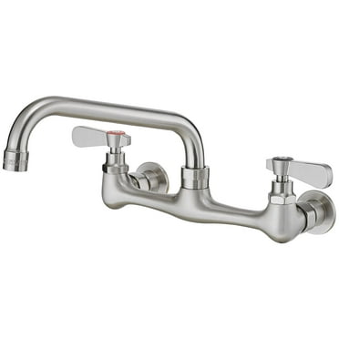 2-Handle Wall Mount Modern Kitchen Faucet With 8 Inch Swivel Spout 8" Center In Brushed Nickel