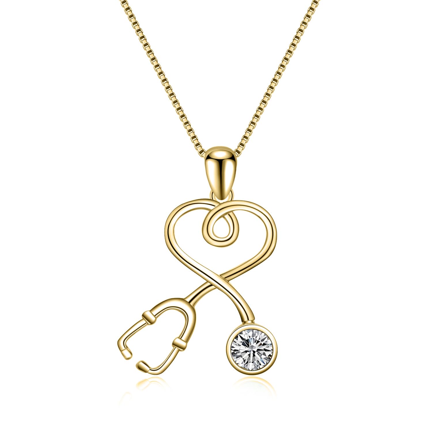 Nurse Gifts for Women 925 Sterling Silver 14K Gold Plated Stethoscope Pendant Necklace with April Birthstone, Doctor Necklace Jewelry Gifts for RN Medical Students White Coat Ceremony