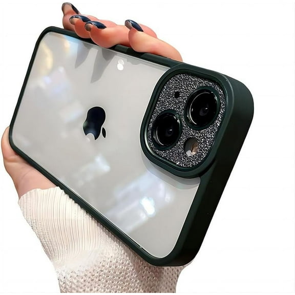 for iPhone Case,2 in 1 Matte Slicone Frame with Gamera Glitter Diamend Metal Lens Buttons Clear Soft Shockproof Phone Case (Green,iPhone 11)