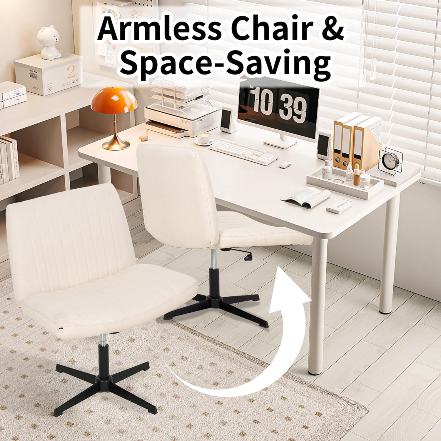 XF XINFENG Criss Cross Chair with back Armless Home/Office Chair No Wheels Modern Swivel Height Adjustable Ergonomic Desk Chair with Wide Seat Computer Task Vanity,Beige