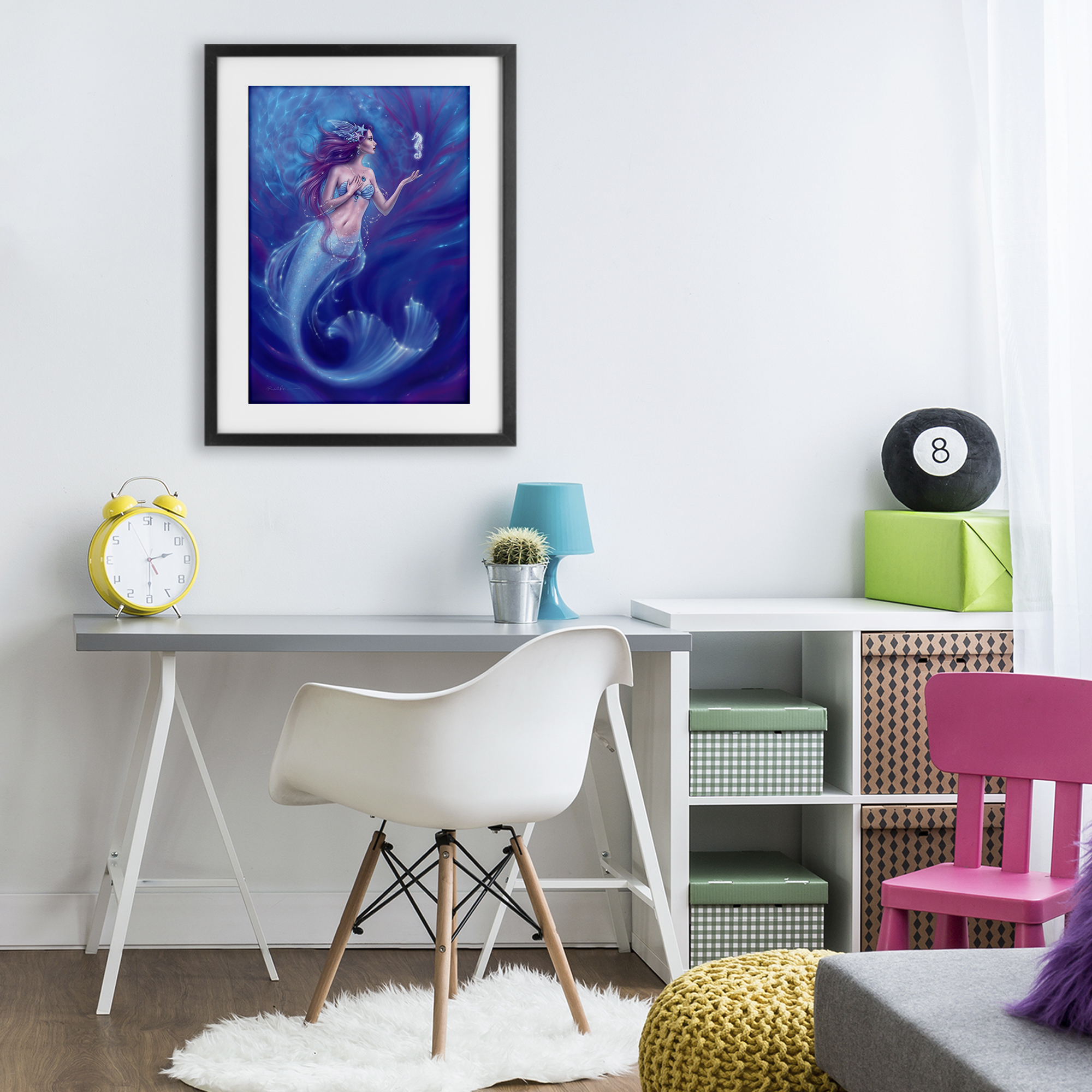 Jewel Bedecked Mermaid & Seahorse Black Framed Print Under Glass, design by Rachel Anderson