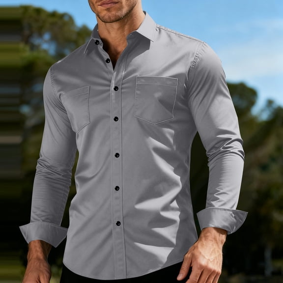 Kalauyu Mens Double Pocket Long Sleeve Slim Fit Button Down Dress Shirt Top for Business Casual and Office Wear