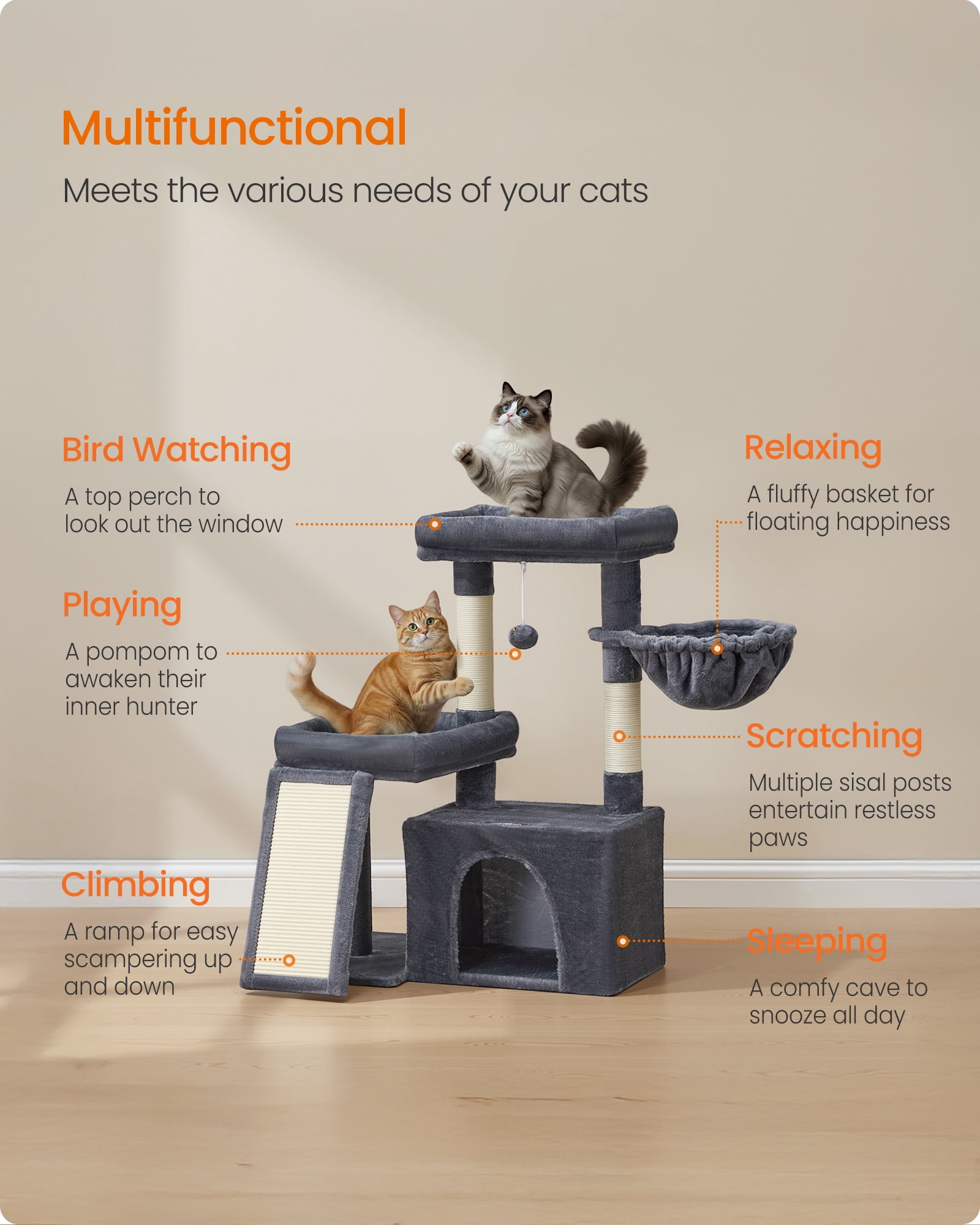 Feandrea Cat Tree, Cat Tower Condo with Scratching Posts and Ramp, 2 Large Perches, Cave, Basket, 33.8 Inches Tall, Dark Gray