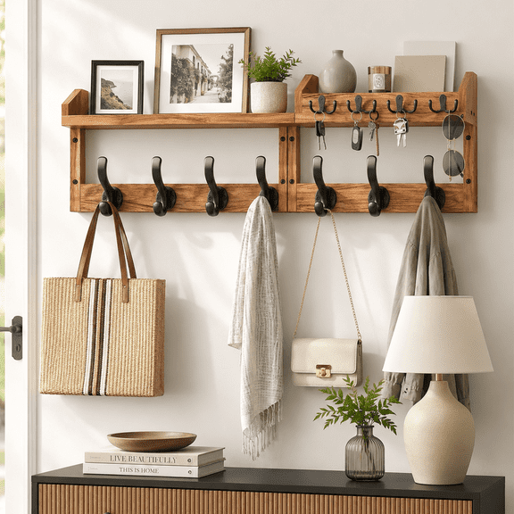 29" Coat Rack Wall Mount with Shelf, Key Holder Wall Mount and Key Hanger with Mail Holder, 11 Hooks, Solid Pine Wood Wall Shelf for Entryway, Hallway, Bedroom