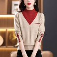 thumbnail image 2 of Women Vintage Splicing Panelled Sweaters Autumn Winter Streetwear Fashion Mock Neck Long Sleeve Casual Slim Knitted Pullovers, 2 of 5