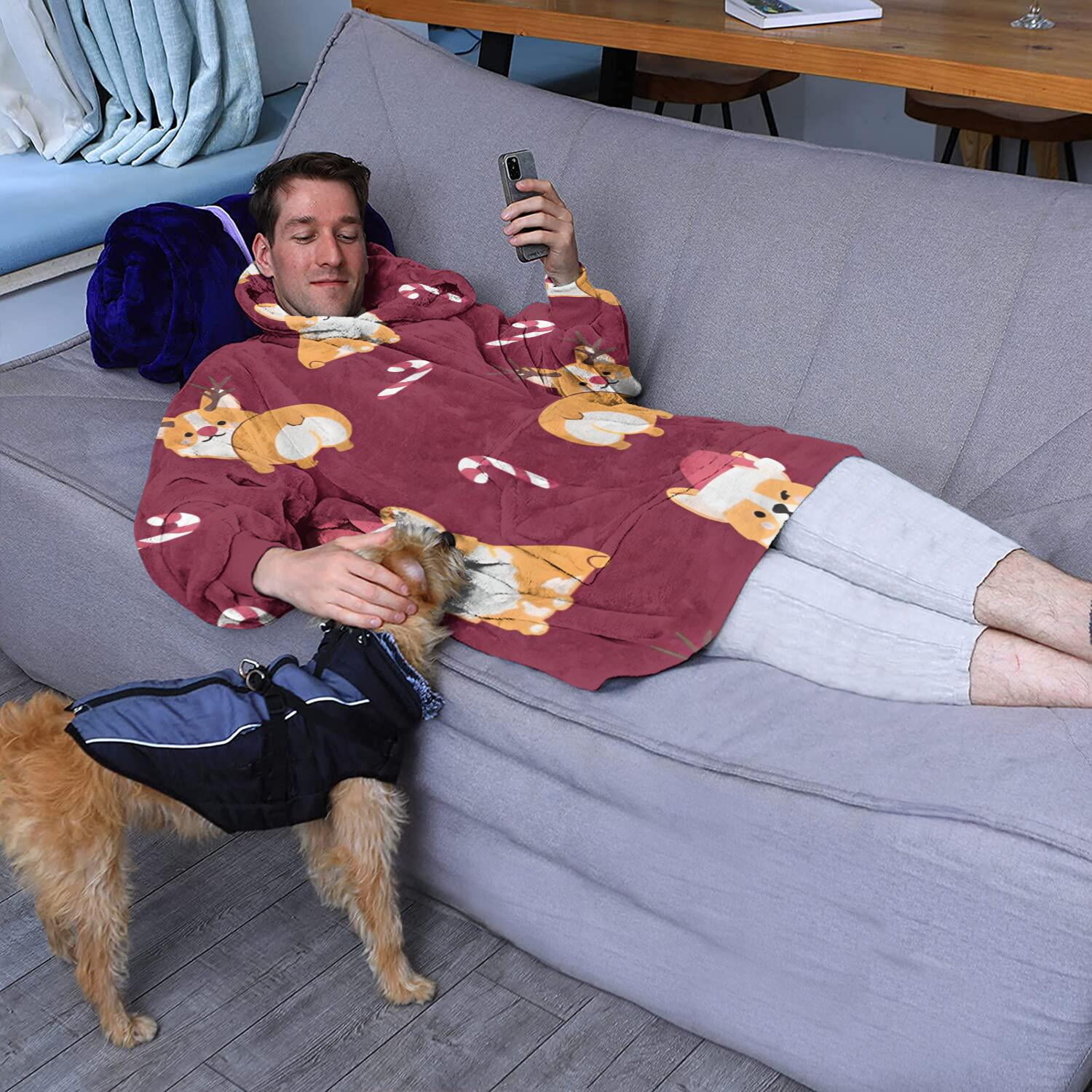 Christmas Corgi Wearable Oversized Blanket,Wearable Blanket Hoodie for Adults,Cozy Hooded Blankets with Super Pockets,Super Warm Fuzzy Pullover for Women & Men