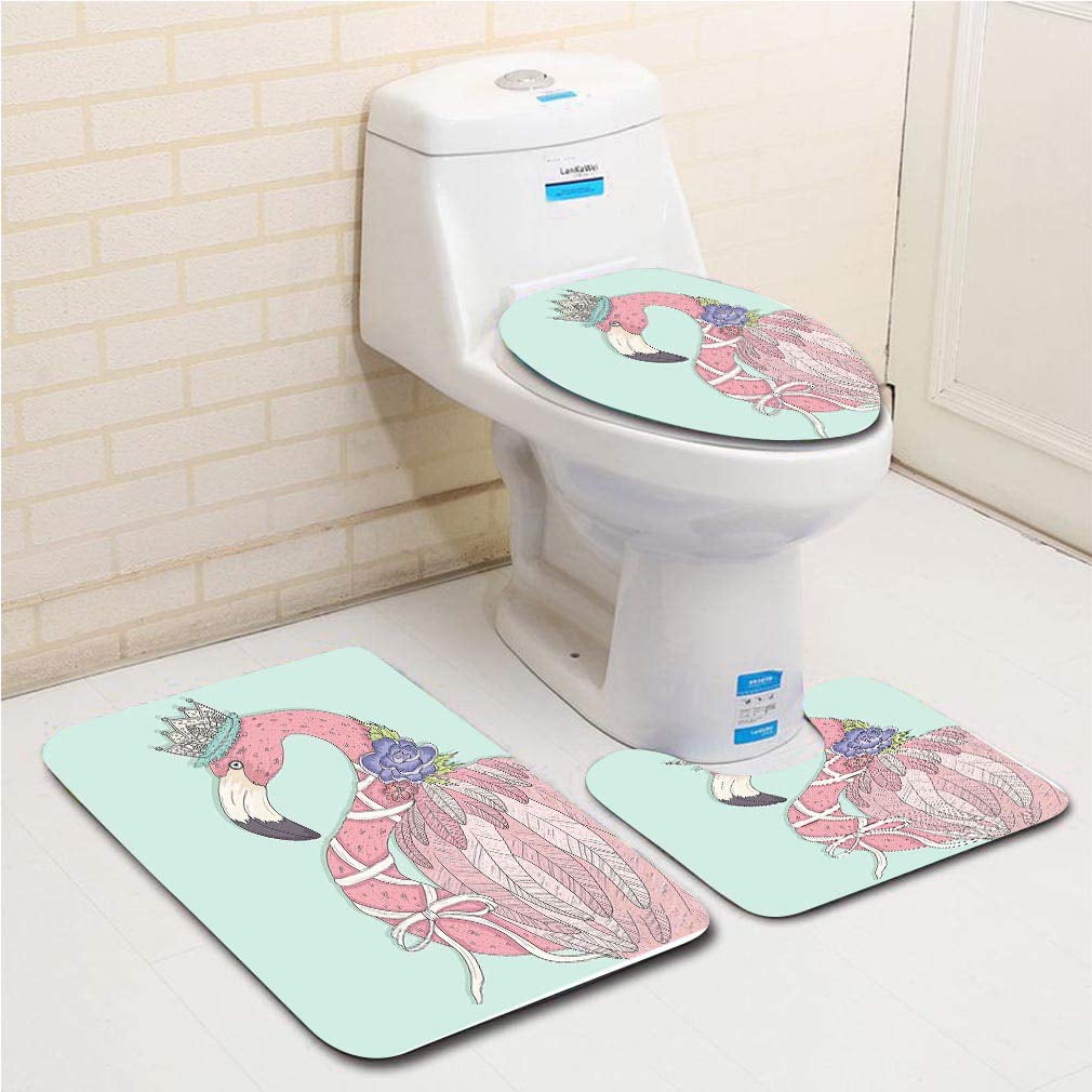 PUDMAD Flamingo Cute Flamingo Flower Crown Ribbon Fairytale Children Kids Baby 3 Piece Bathroom Rugs Set Bath Rug Contour Mat and Toilet Lid Cover