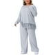 thumbnail image 4 of Conjuntos de 2 piezas para mujer de talla grande Agnes Orinda, blusa de manga larga de canalé con cuello redondo y dobladillo asimétrico con flecos y pantalones de pierna ancha 2X gris, 4 of 6