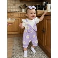 thumbnail image 4 of BemeyourBBs Infant Baby Girl Summer Clothes Floral Patchwork Romper Ruffle Short Sleeve Daisy Print Fake Two-piece Front Bow Jumpsuit with Headband, 4 of 9