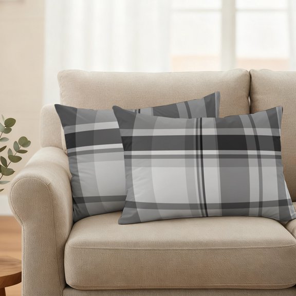 Outdoor Waterproof Throw Pillow Cover Minimalist Black White Grey Plaid Decorative Pillow Covers 20x12inch Set of 2 Pillows Case, Neutral Tartan Checkered Cushion Cases for Sofa Couch Patio Garden