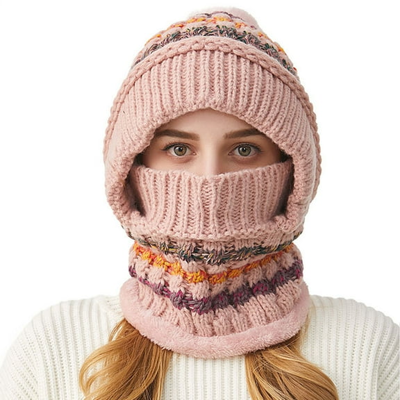 ZQUUVOU Women's Cable Knit Balaclava Beanie Neck Warmer Set Winter Color Ear Protection Pom Pom Two Piece Pink