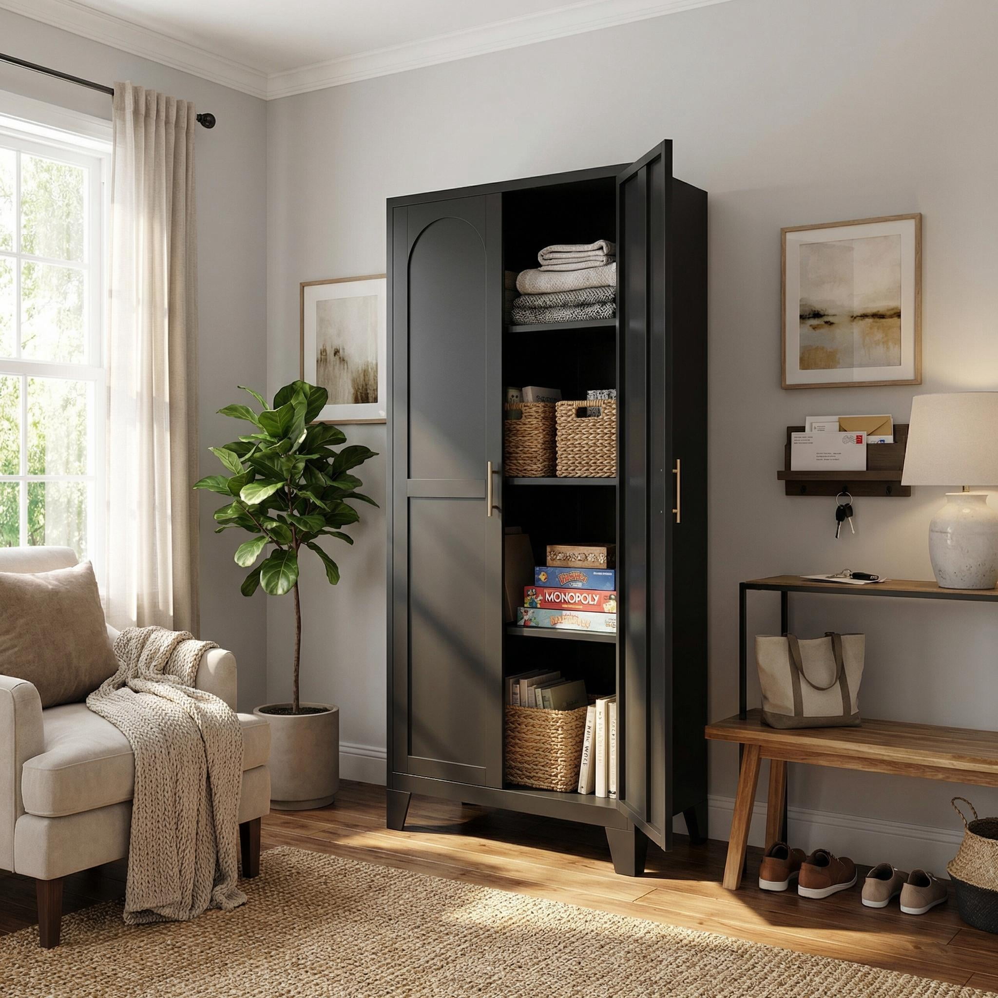 Homy Casa 60.8" Tall Black Storage Cabinet with Adjustable Shelves for Kitchen, Office, Entryway